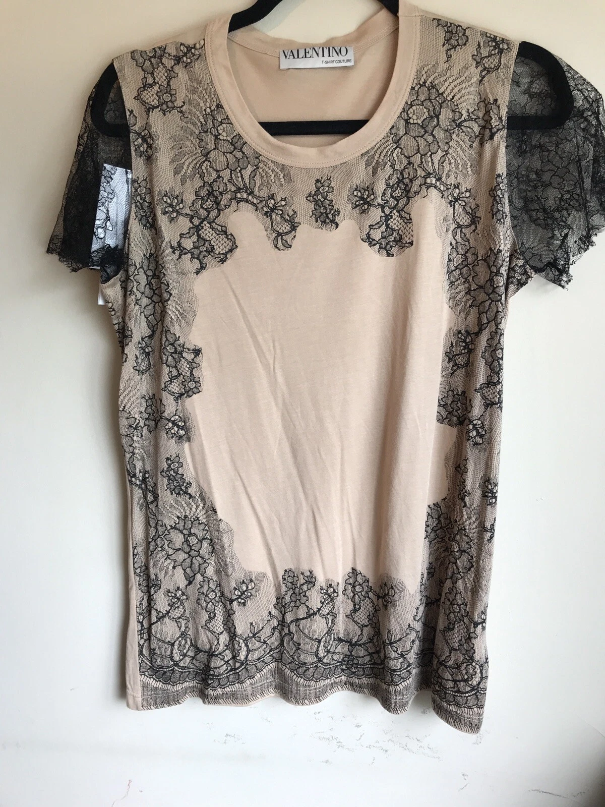 T shirt Valentino couture nuda nera con pannelli in pizzo grande