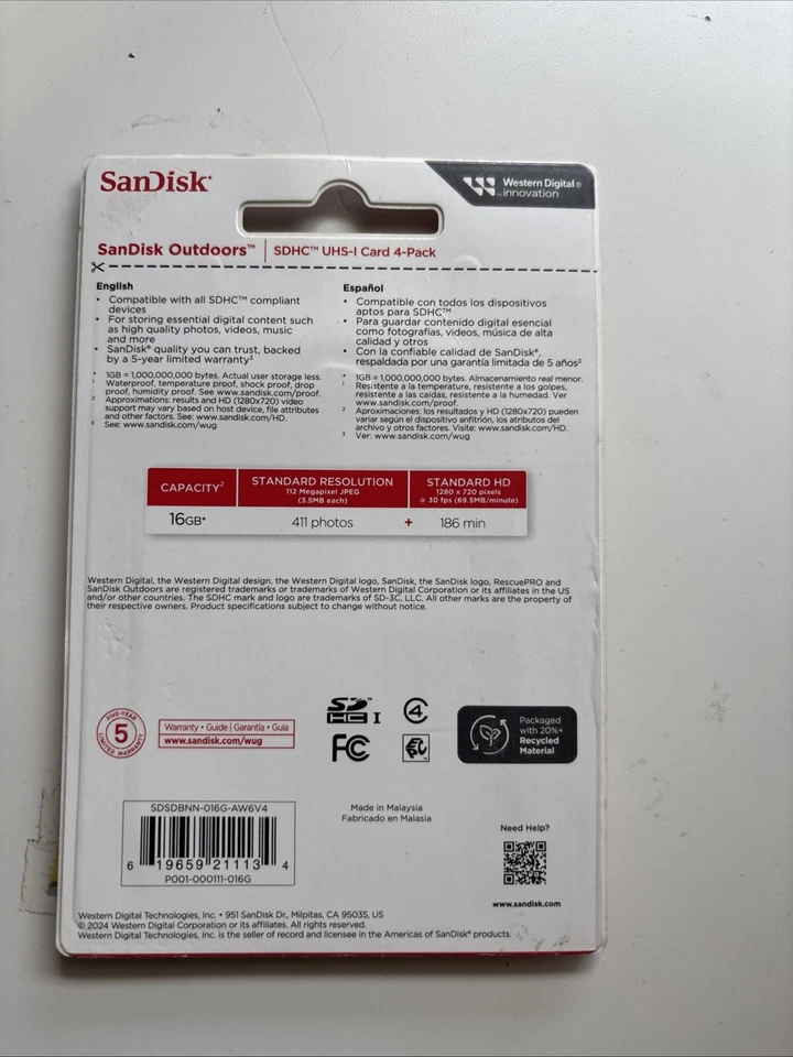 NEW - SanDisk Outdoors SDHC UHS-I Card 4-Pack 16GB - - Image 3 of 3