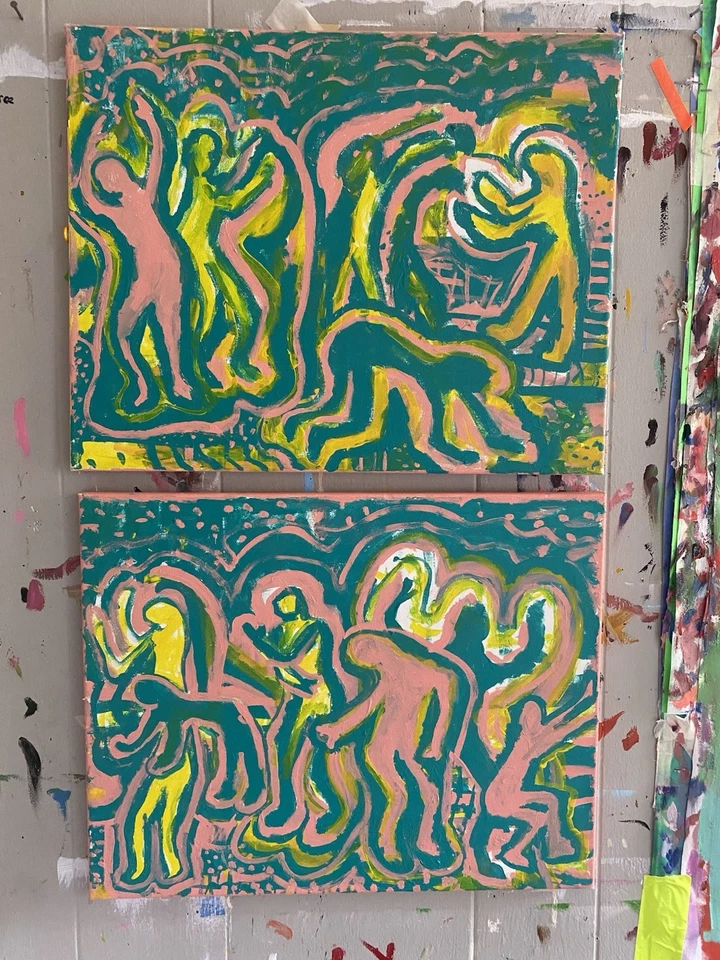 Juego de 2 pinturas de díptico PSEUDO Keith Haring Foto 3 de 4