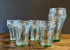 Vintage Green Pebbled Coca Cola Glasses Lot- 4- 4” Size, 1 - 6” Size. Great!