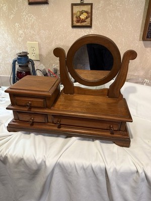 Vintage Wooden Dresser Top Vanity Swivel Mirror With 3 Drawers