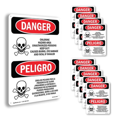 Chlorine Hazard Area Bilingual OSHA Danger Sign Metal,, Decal 5 or 10 Pack