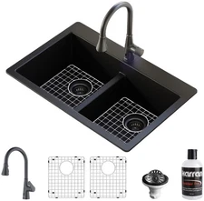 Karran USA QT810KKF340 Quartz QT 33" Drop In Double Basin Quartz - Black /