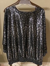 KERI ANN Shimmery Silver/ Black Shirt Blouse Size 24/44 (3X) No Iron Made In USA