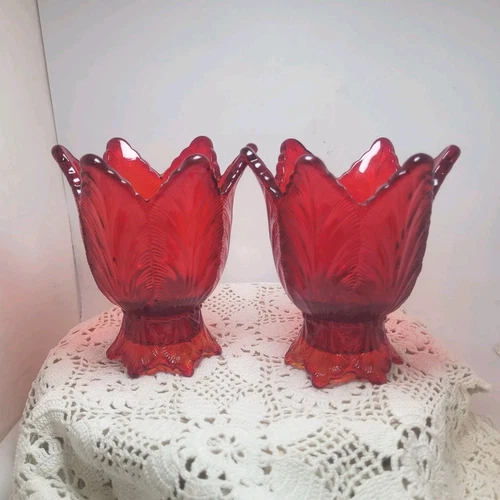 Fenton Pair Of Glass Ruby Red Amberina Tulip Reversible Candle Holders Glows