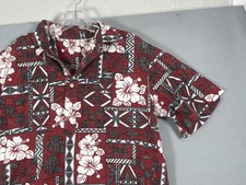 VTG Hibiscus Floral Shirt Mens Large Red Hawaiian SS Popover Cotton Barkcloth