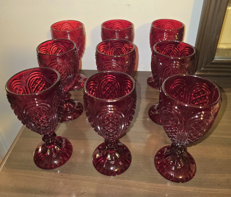 Vintage Ruby Red Water Goblets Wine Glasses 7" Set of 9 New Unused - Image 3 of 4