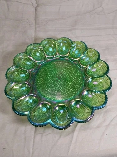 Vintage Indiana Glass Hobknail Devild Egg Dish Carnival Glass Lime Green Rare,
