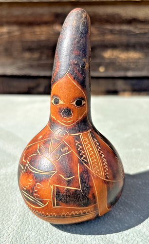 Peruvian Folk Art Gourd Man Playing Flute Woman Bowel Peru Maraca Vtg Handcarved - Picture 6 of 11