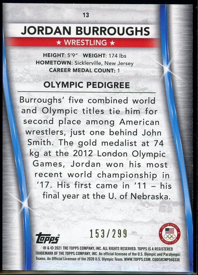 2020 2021 TOPPS OLYMPICS JORDAN BURROUGHS STARS CARD #13 ~ /299 WRESTLING - Image 2 of 2