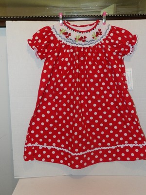 Marmellata Girls 4T Red White Polka Dot Smocked Bishop Dress Embroidered Lobster