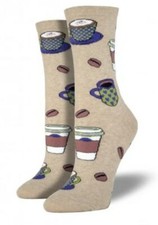 NWT Cuppa Joe Coffee Latte Heather Tan Background Women's Novelty Socks