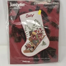 Janlynn SUZY'S ZOO Christmas Stocking Sledding Cross Stitch Kit #38-52 1989 VTG