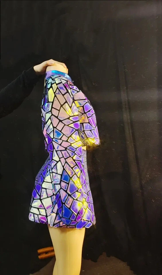 Vestido curto feminino cantora dançarina vestido de palco lantejoulas espelho laser azul roxo - Imagem 4 de 4