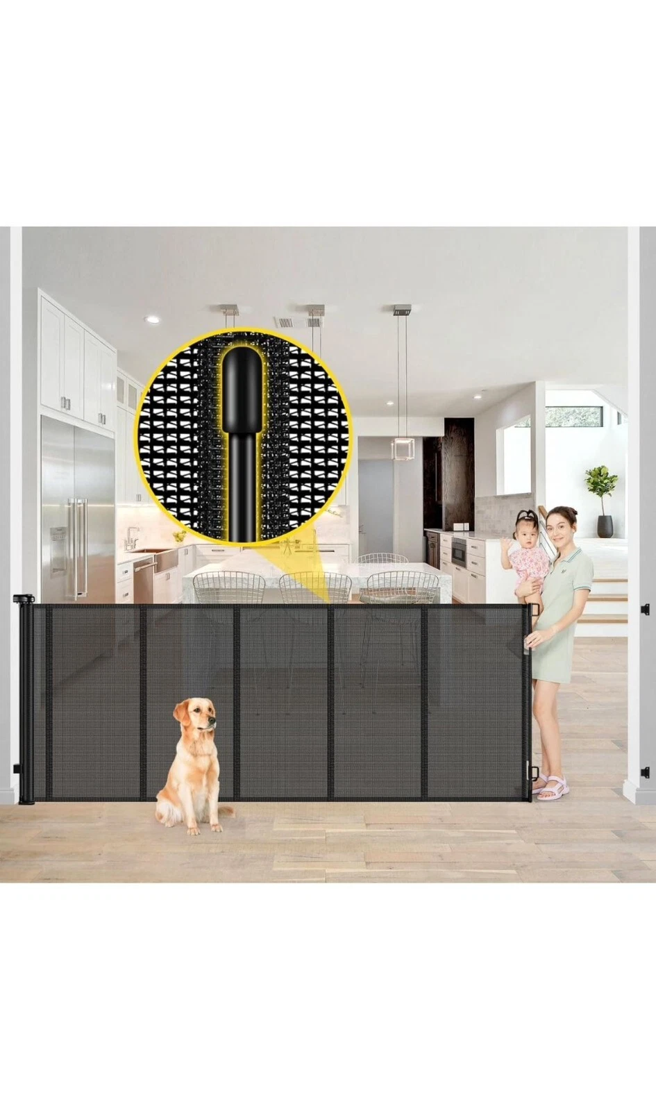 Reinforced 42” Extra Tall x 80” Wide Retractable Baby Gates w/ Rods (Black)