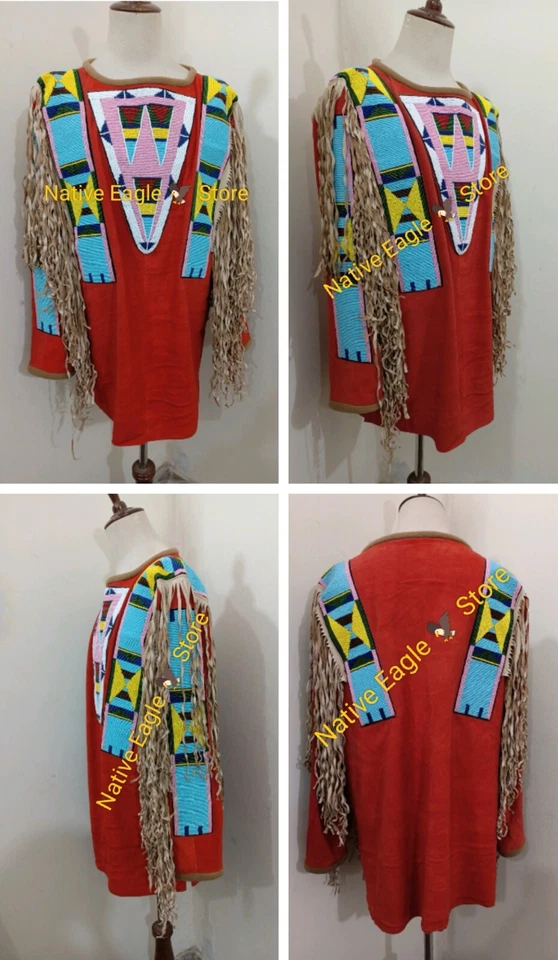 Camisa de guerra estilo americano antiga camurça vermelha franjas corvo frisado POWWOW NA812 - Imagem 3 de 3