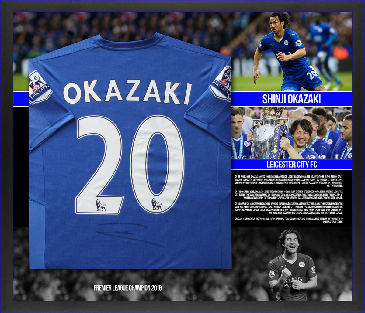 SHINJI OKAZAKI LEICESTER CITY HAND SIGNED FRAMED SHIRT 2015 SHINJI OKAZAKI LEICESTER CITY HAND SIGNED FRAMED SHIRT 2015