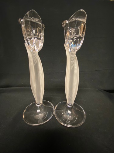 2 Nachtmann 24% Crystal Clear Frosted Tulip Candle Taper Holders Germany - Picture 3 of 9