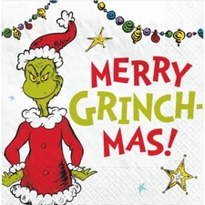Traditional Grinch Merry Grinchmas Beverage Paper Napkins 16 Pack 9.75" x 9.75"