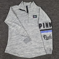 Victorias Secret Sweatshirt Womens Small Gray 1/4 Snap Mock Neck PINK Spellout