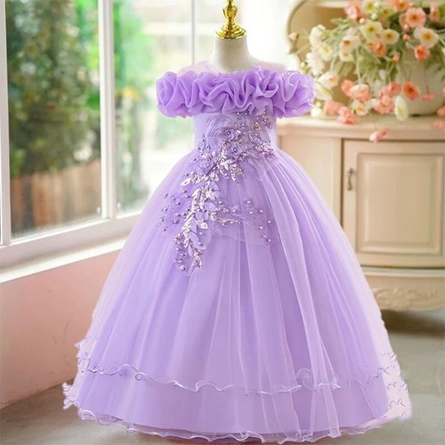 Kids Floral Mesh Dress Girls White Formal Gown Prom Dance Performance Costume - Picture 31 of 32