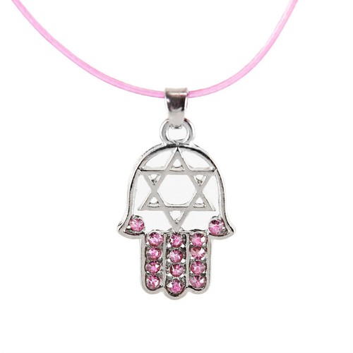 Pink HAMSA "Star of David" Necklace Crystals silver Tone Amulet Pendant Jewish - Picture 4 of 12