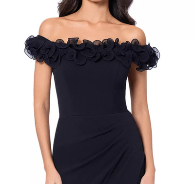 xscape ruffled off-the-shoulder bodycon dress Xscape Petite Ruffled Sweetheart-Neck Fit & Flare Gown - Black