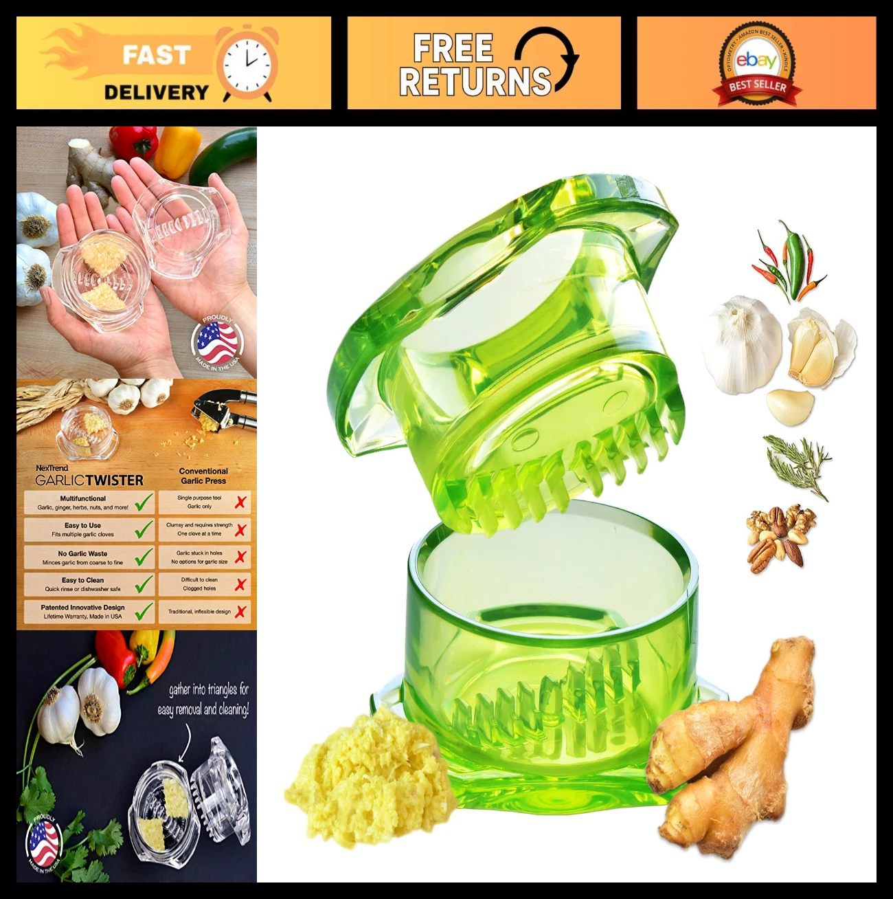 Garlic Twister Mincer & Press - 4th Gen, BPA-Free, Dishwasher Safe, 3-5 Clove Ca