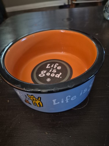 Life is Good Ceramic Dog Pet Bowl Blue Orange Dog Campfire Marshmallow 6 Inch