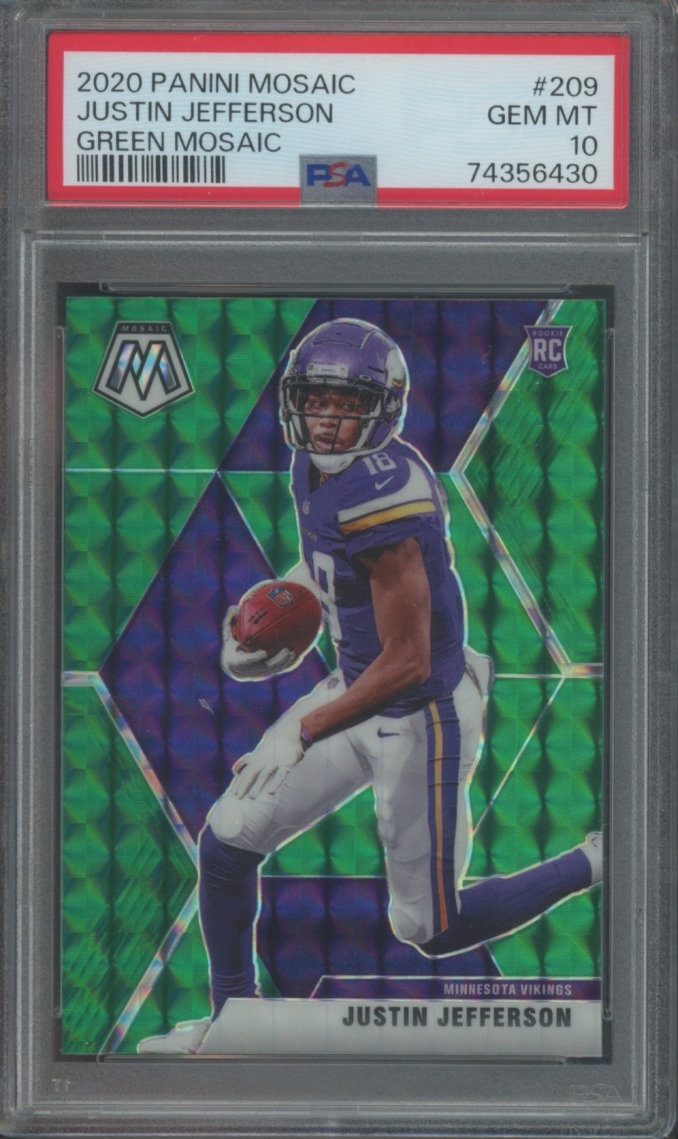 2020 Panini Mosaic Football Justin Jefferson #209 RC Rookie Green PSA 10