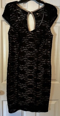 Olivia Hugues 16W Black Beige Lace Sheath Dress Keyhole Bow Knee Length