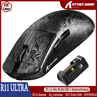 ATTACK SHARK R11 ULTRA 8K kabellose Gaming-Maus aus Carbonfaser mit PAW3950MAX