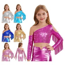 Kids Girls Crop Top Shiny Vest Dance Shirt Stage Performance Concert Sequins