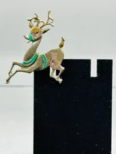 Vintage Reindeer Brooch Pin Silver Tone Hand Painted Christmas Holiday Jewelry