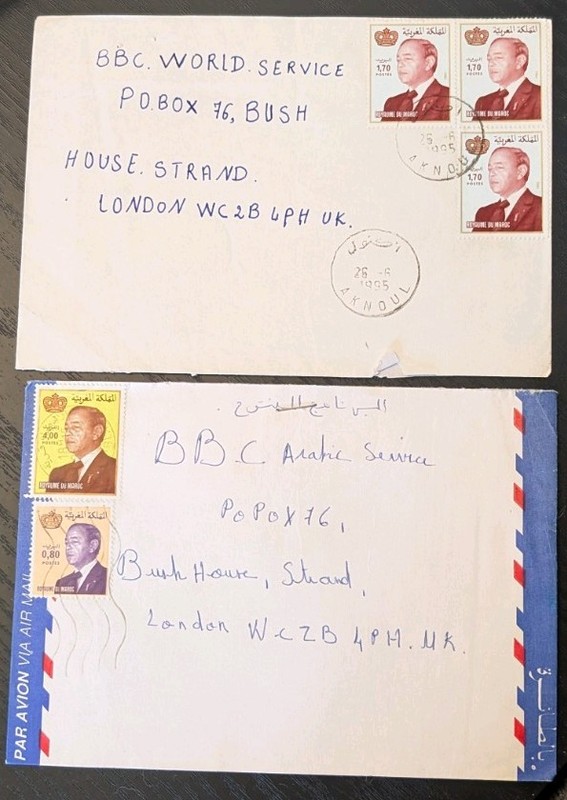 ++ 2 MOROCCO 1995 AIRMAIL COVERS BBC World ARABIC London UK Envelope Collection