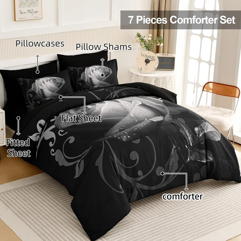 WONGSBEDDING 7 PIEZAS Cama en Bolsa - Juego de Edredón de Microfibra Floral Rosa, Todas las Temporadas Foto 2 de 4