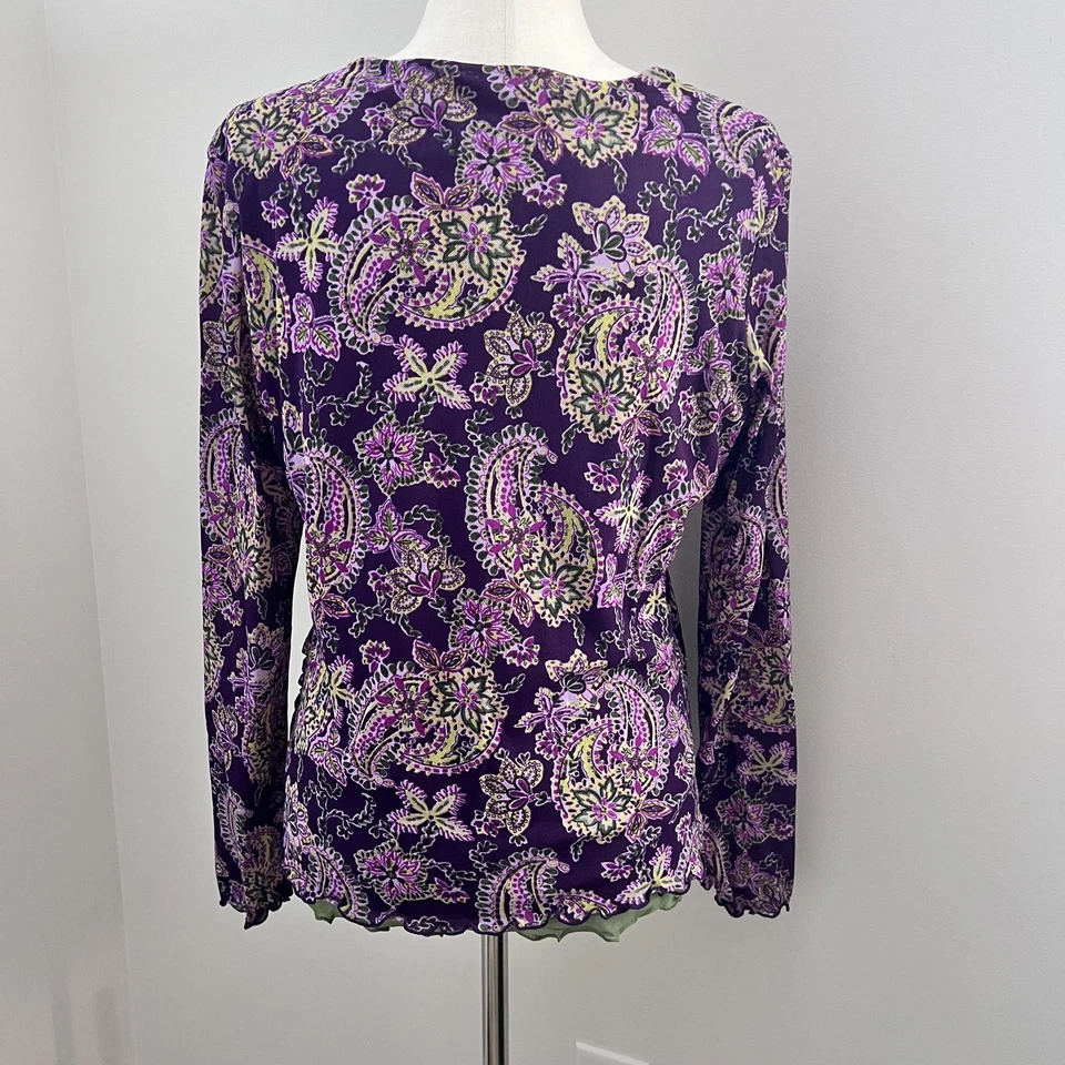 Y2K Nine West Top XL Purple Paisley Wrap Lace Mesh V Neck Whimsigoth Fairycore - Image 2 of 4