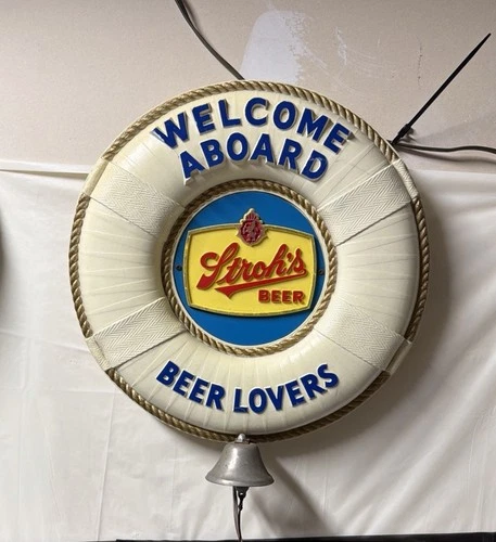 Vintage Stroh’s Beer Lighted Sign Welcome Aboard Lifebuoy Bell Bar