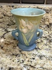 Vintage Blue Iris Roseville Handled Vase Pottery
