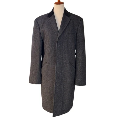 Vintage William Hunt Men’s Gray Herringbone Tweed Long Lined Overcoat Coat 42 image 3