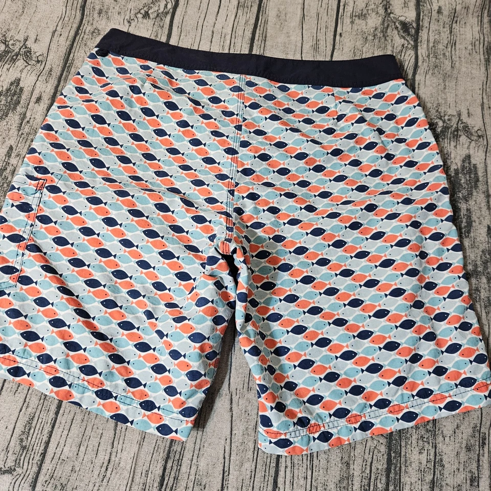 J Crew Swimwear Swim Trunks Size 33 Blue FISH PRINT Board Shorts LINED MEN'S - Image 2 of 4