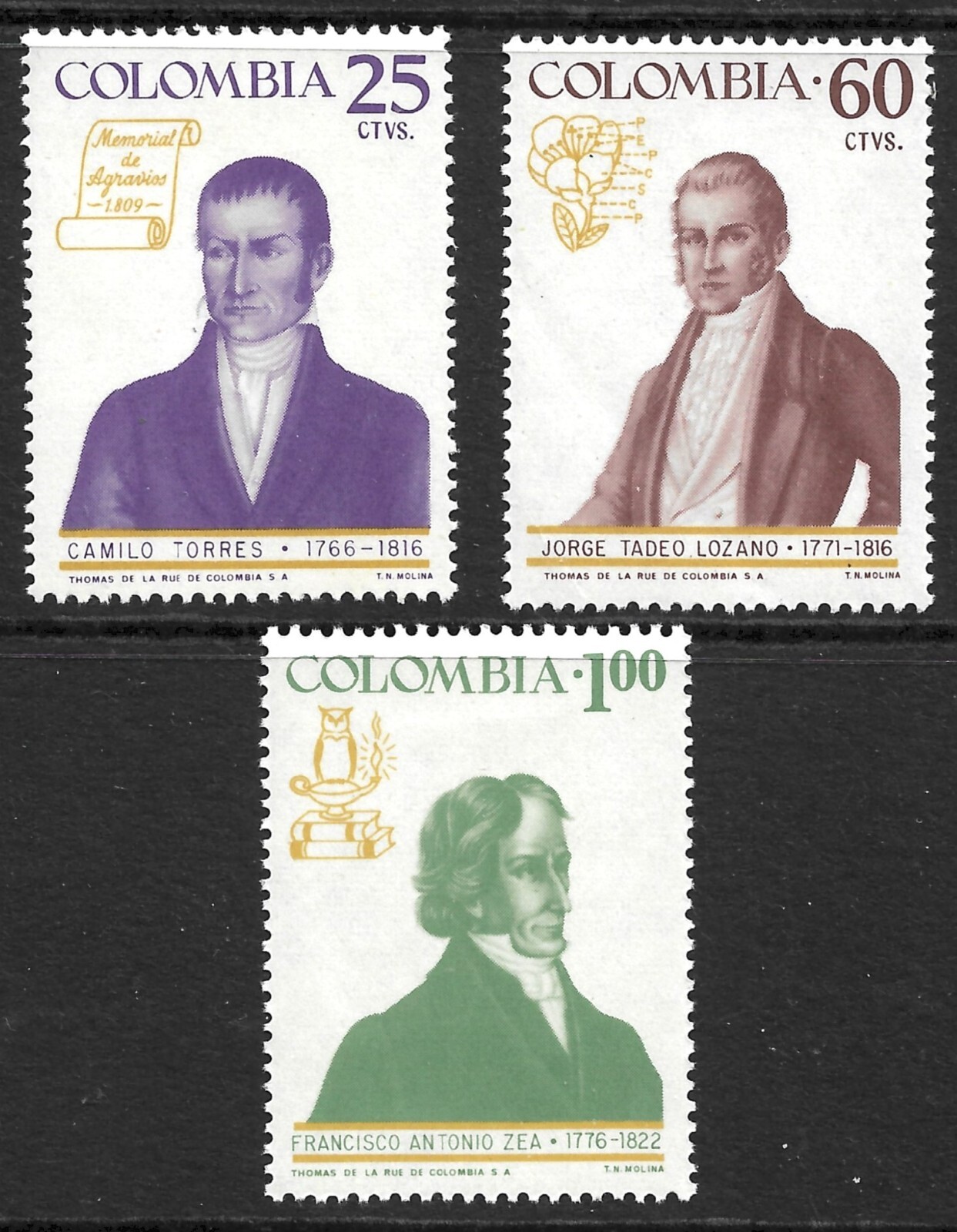 Colombia Scott 763-765 VF Mint Hinged Issued 1967 Historical Figures