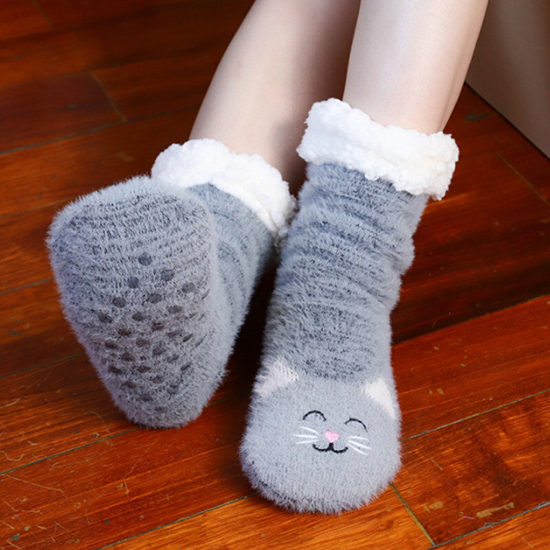 Women Cute Cat Slipper Socks Winter Fluffy Warm Thermal Bed Socks Xmas