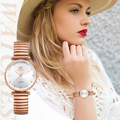 Women's Big Dial Easy Reader Stretch Band Quartz Wrist Watch Weak Luminous Hands