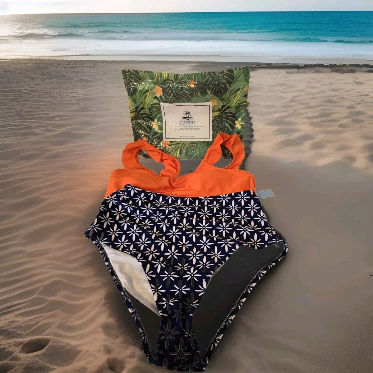 Cupshe Neon Orange Ruffled Bikini Set Blue Floral Bottom Size