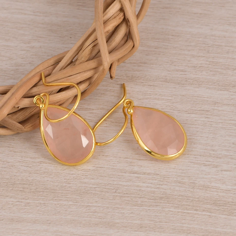 Pendientes colgantes de cuarzo rosa enchapados en oro de 18 quilates de plata de ley 925 joyería Foto 2 de 4