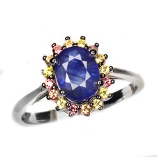 925 Sterling Silver Ring Oval Blue Sapphire 8x6mm Sapphire Diamond Cut Gemstone