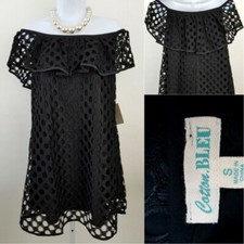  Black Off Shoulder Concealed Pockets Eyelet Lace Short Swing Dress Size S  