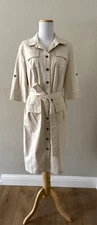 Basler Dress 40 US 10/12 Short-Sleeve Shirtdress Cream Cotton Button-Up Belt