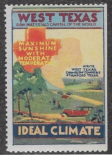 USA 1920s Poster stamp: West Texas, Maximum Sunshine, Moderate Temperature-dw92a